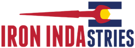 Iron Industries logo with red text and a blue emblem featuring a yellow circle and red arrow