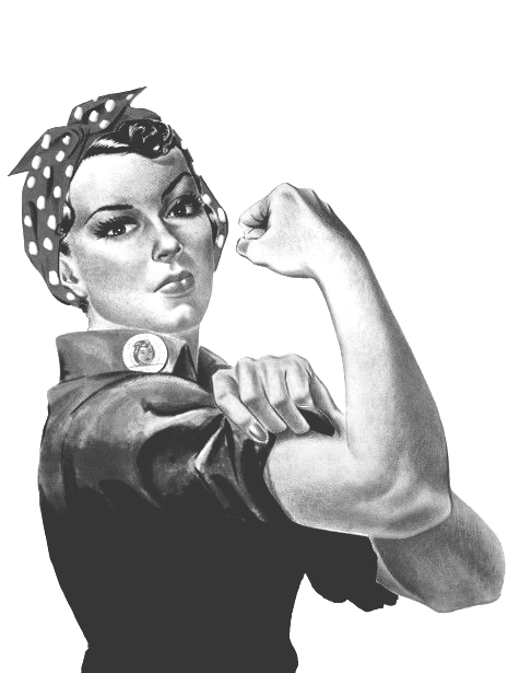 Black-and-white illustration of a strong person flexing an arm, wearing a polka-dot headscarf and collared shirt.