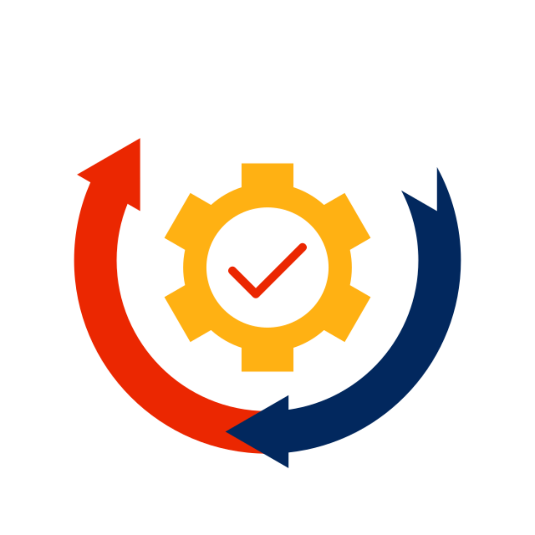 Gear with checkmark, surrounded by red and blue arrows, symbolizing a process.