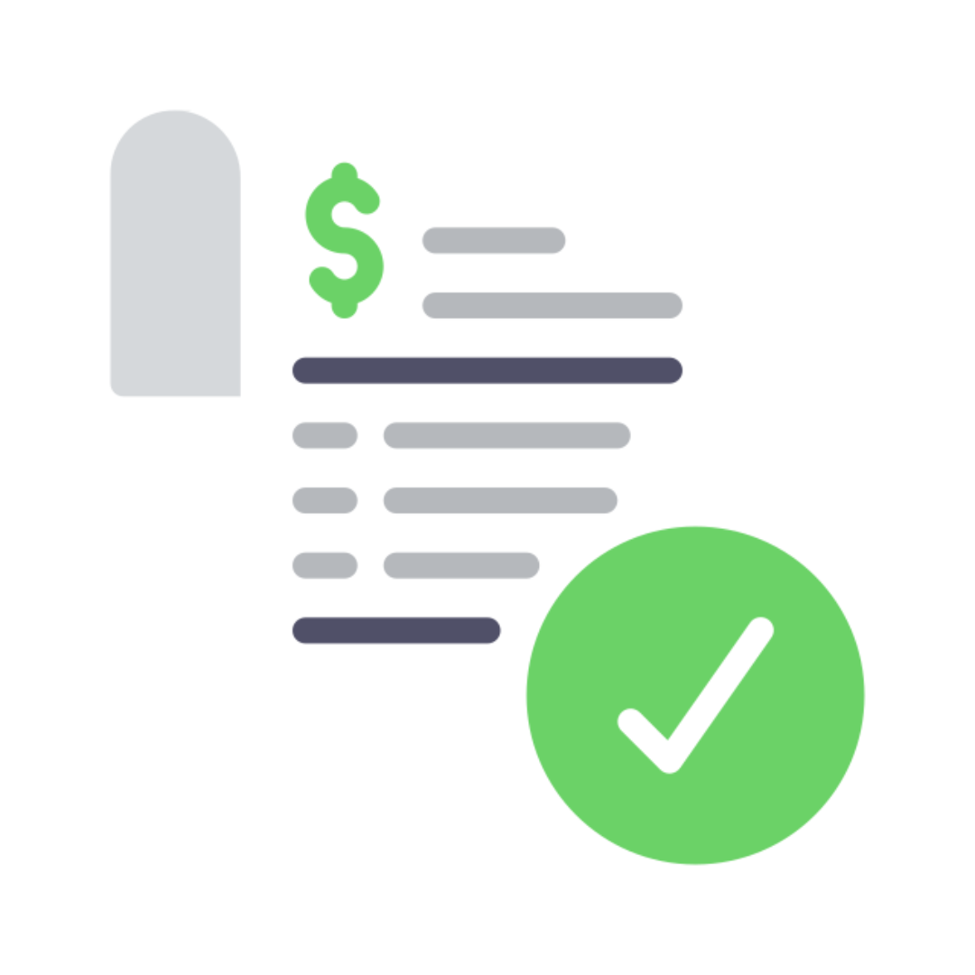 Invoice with dollar sign, approved with green checkmark.