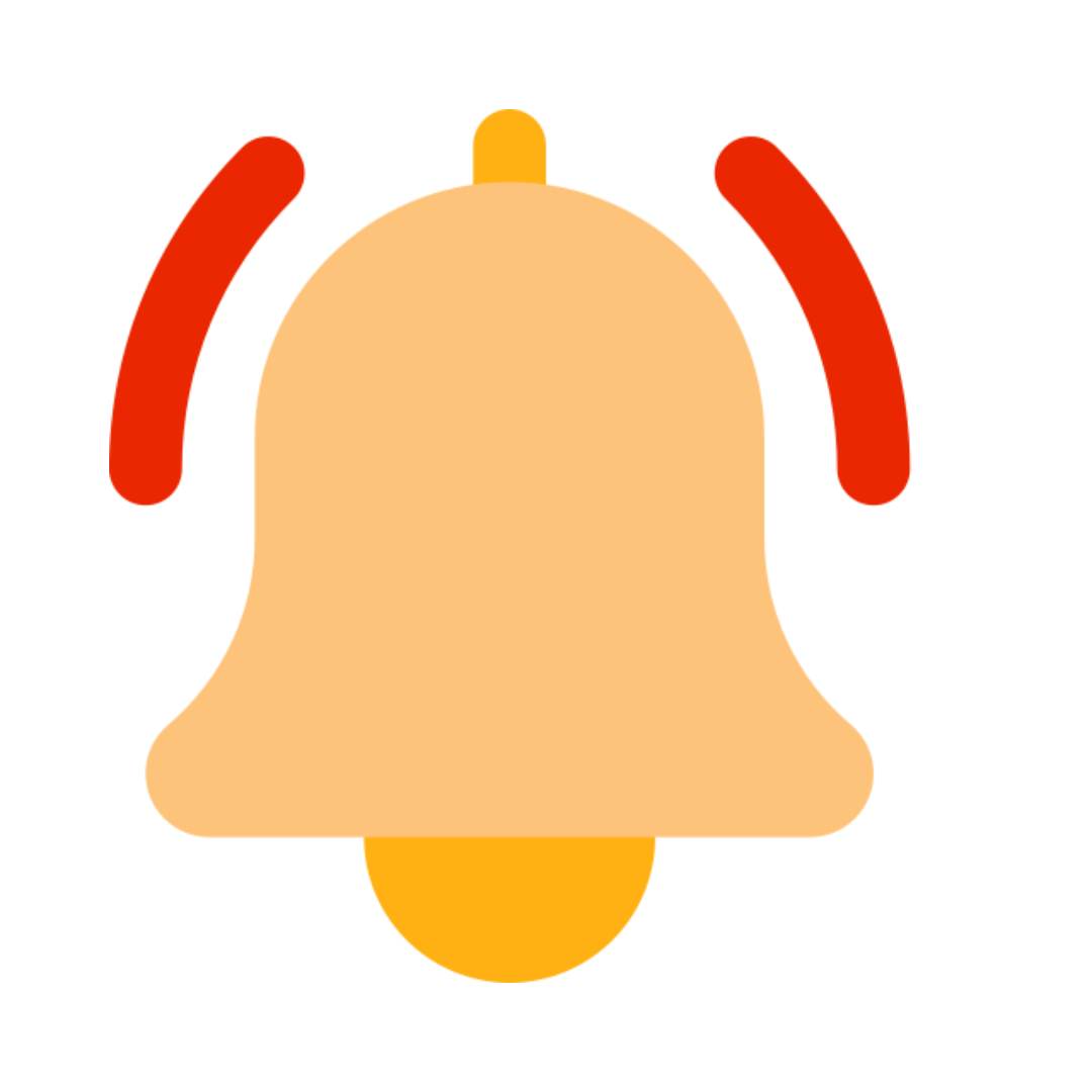 Tan bell with red sound waves, orange clapper, likely a notification icon.