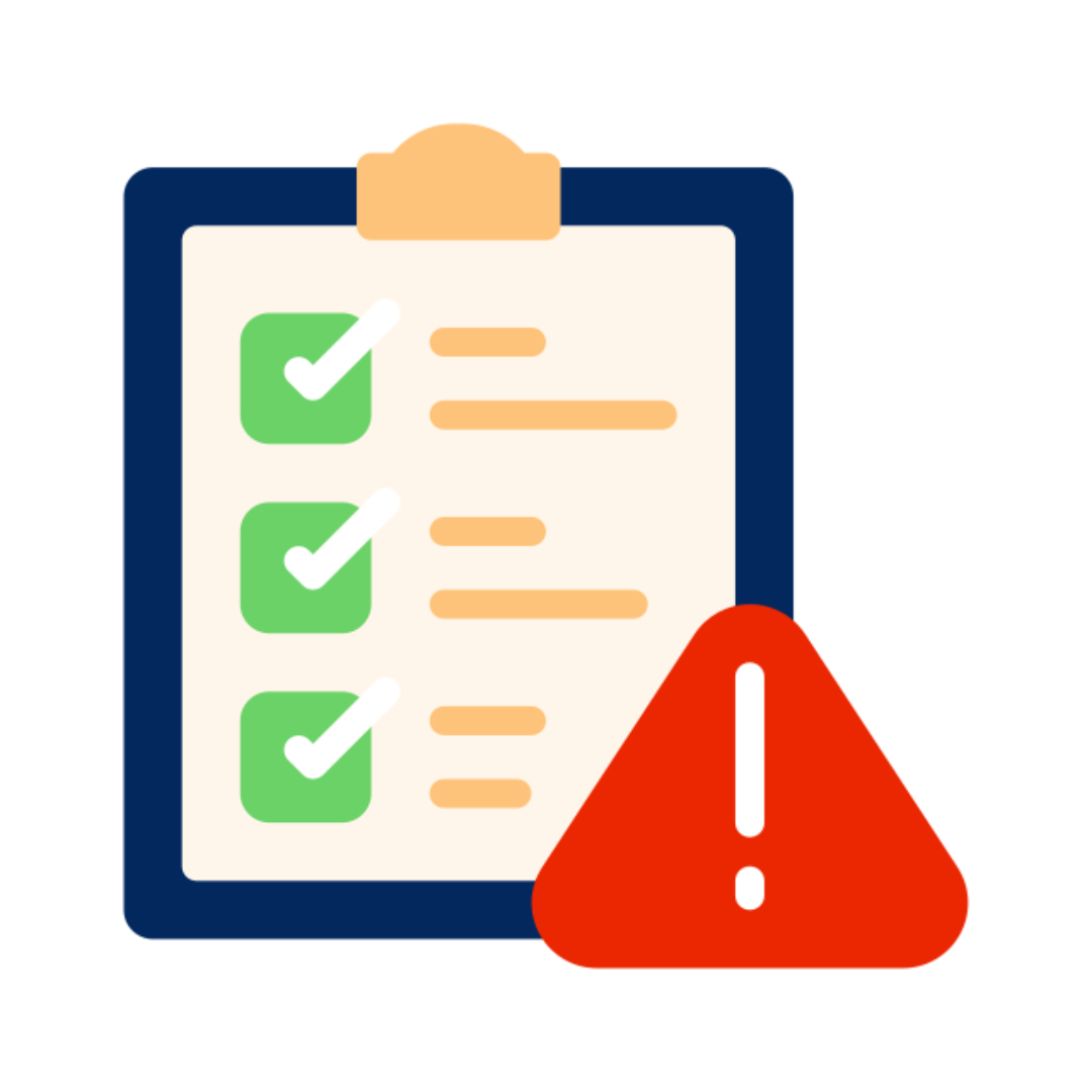 Checklist with green checkmarks and a red warning sign.