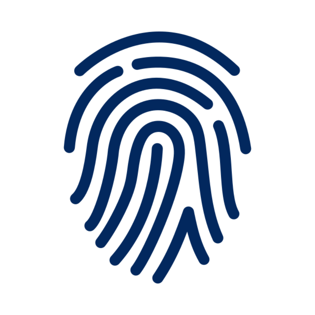 Blue fingerprint icon on white background.