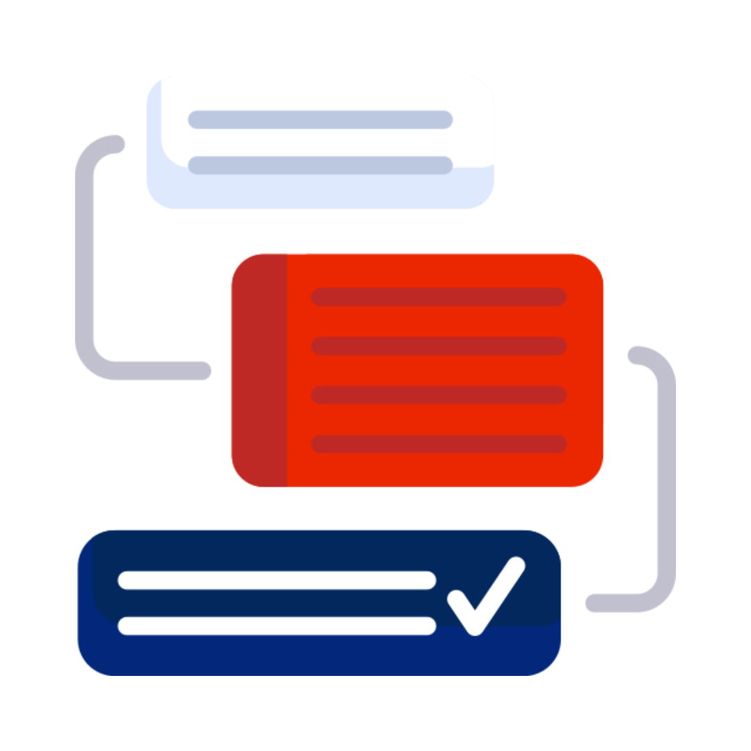 Diagram with red, blue, and white blocks connected by lines. The blue block has a checkmark.