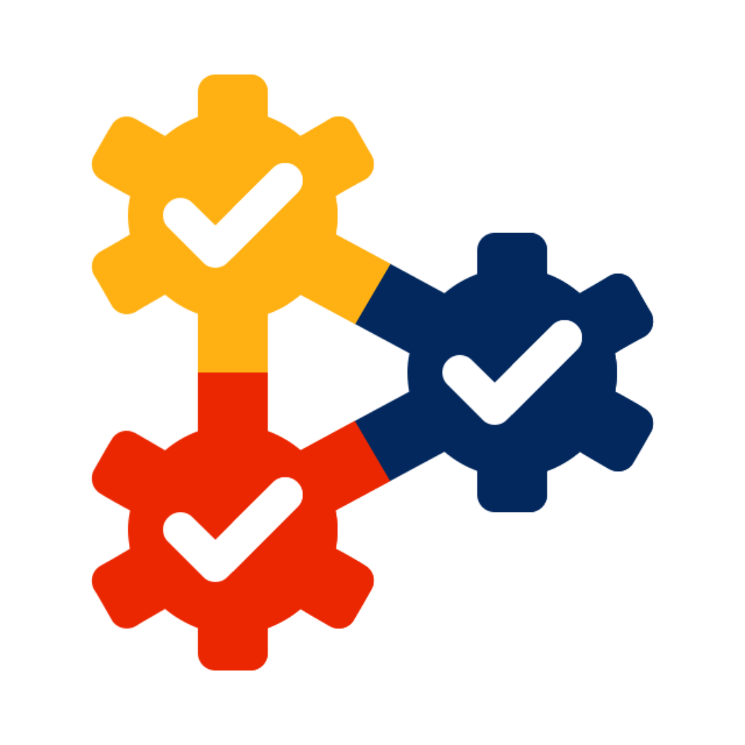 Three connected gears, orange, red, and blue, each with a white checkmark.