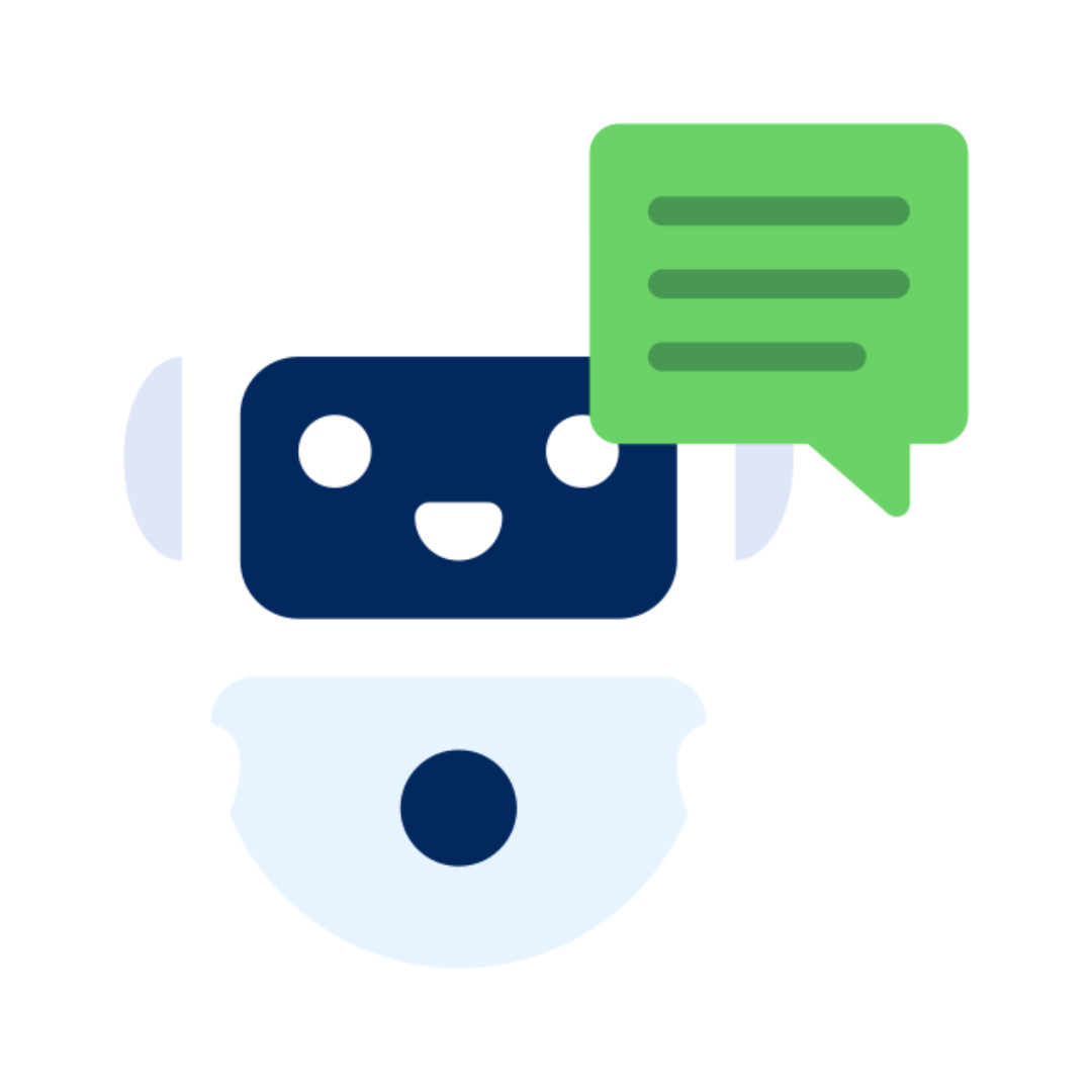 Blue robot with green speech bubble; smiling, communicating.