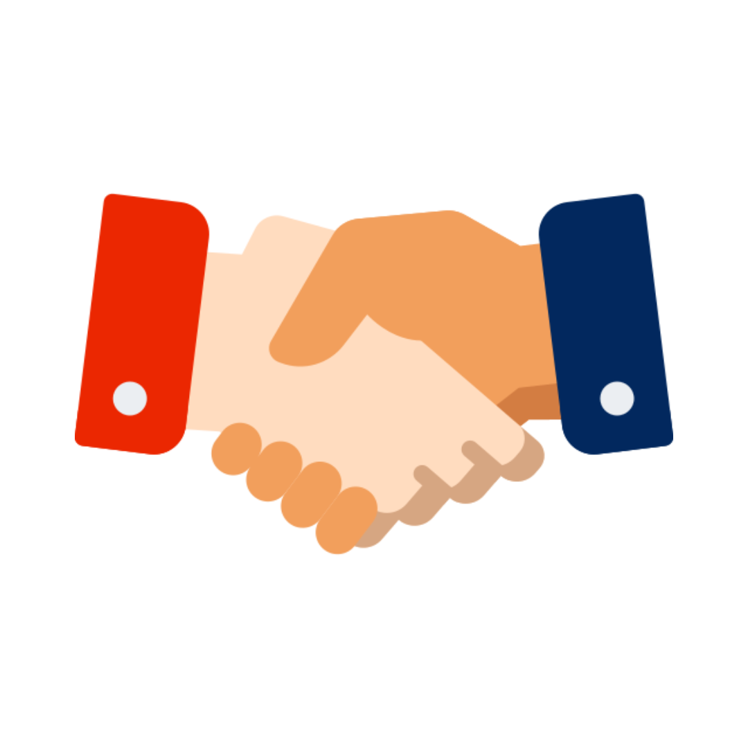 Hands shaking, one with a red cuff, the other with a blue cuff, symbolizing agreement.
