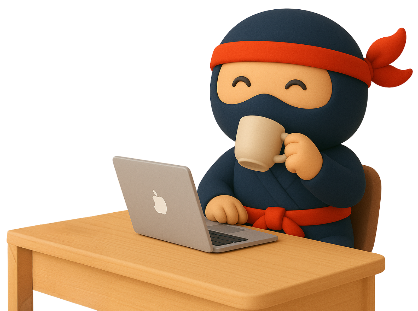 Ninja in blue suit, red headband, smiling, drinking from mug, working on laptop at wooden desk.
