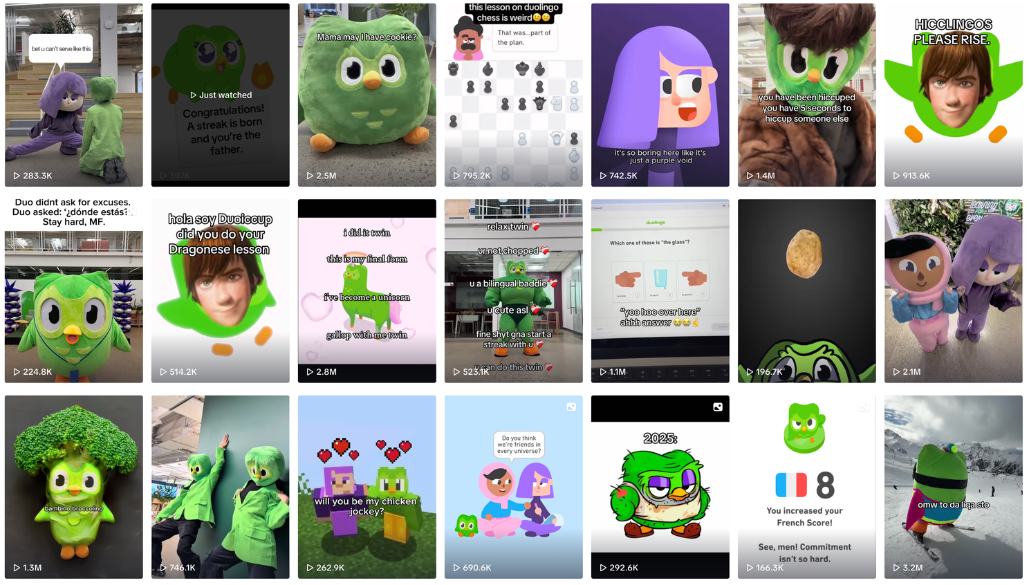 Collage of various Duo the Owl images, green mascot of the language learning app Duolingo, in different settings and poses.