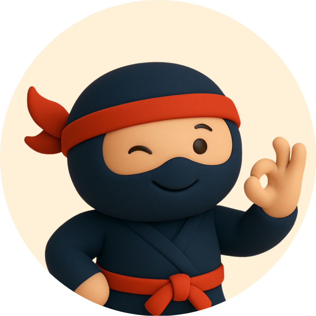 Cartoon ninja in dark blue suit with red headband, winking and giving