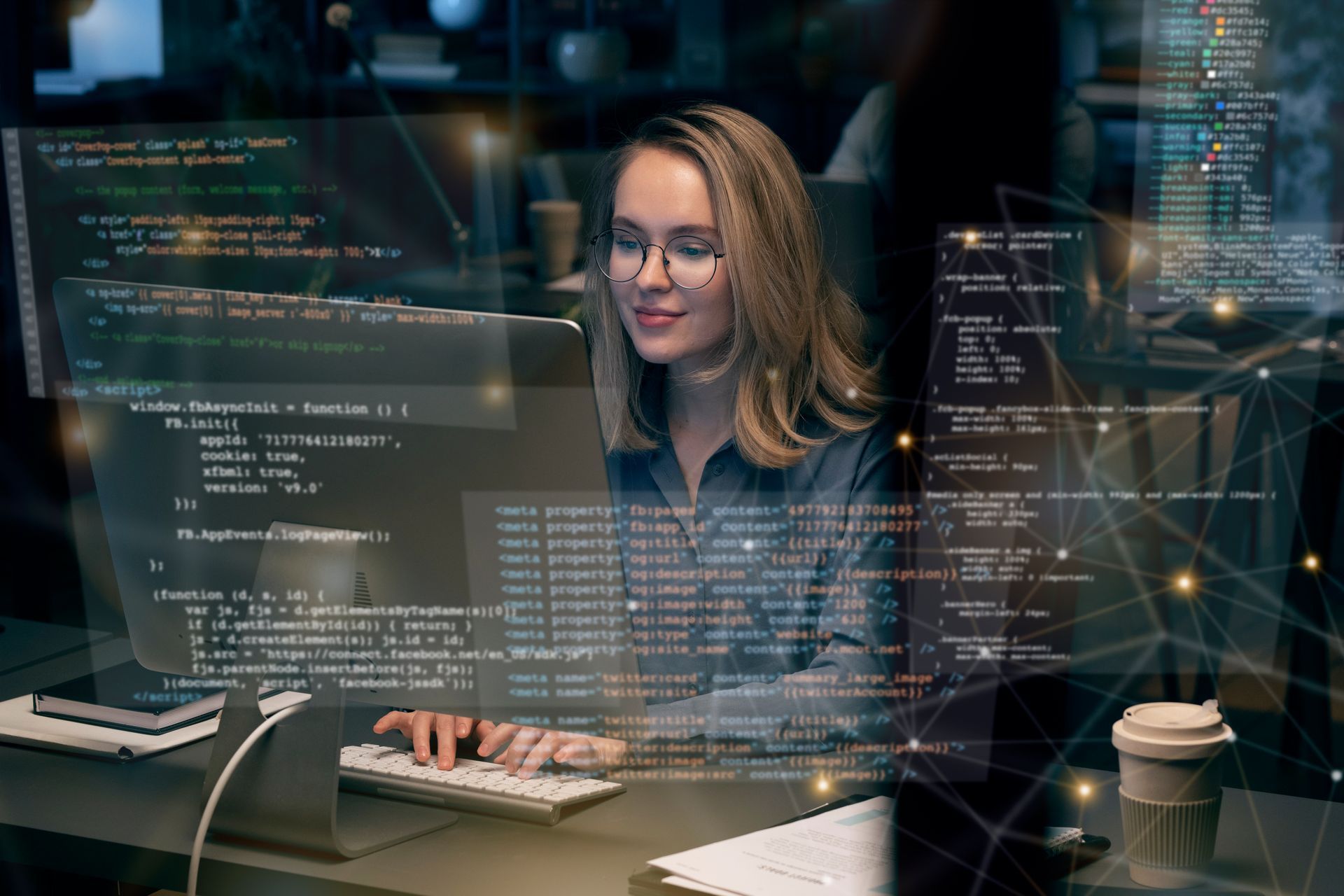 Woman with glasses coding at a computer, overlaid with lines of code; illuminated, modern office setting.