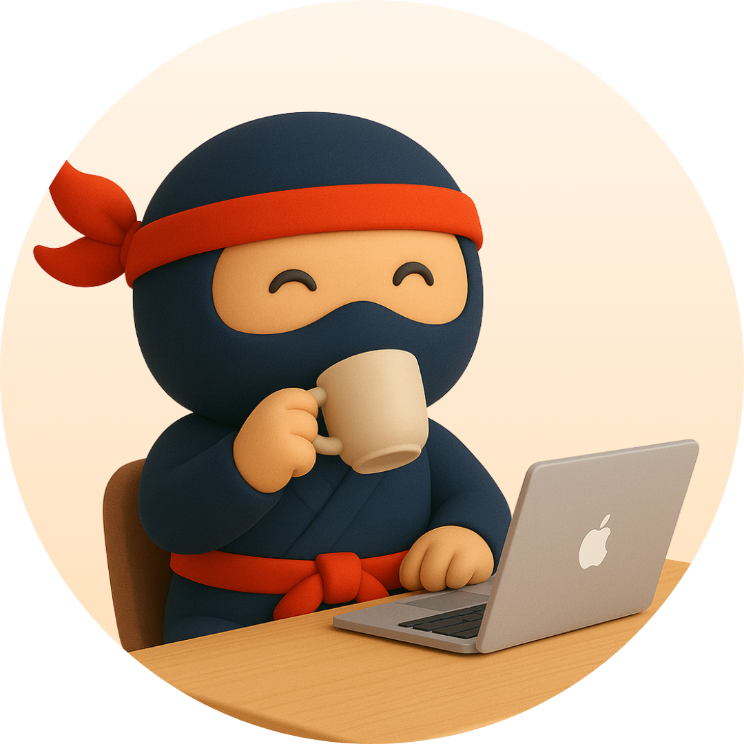 Ninja wearing a red headband, drinking from a mug, working on a laptop.
