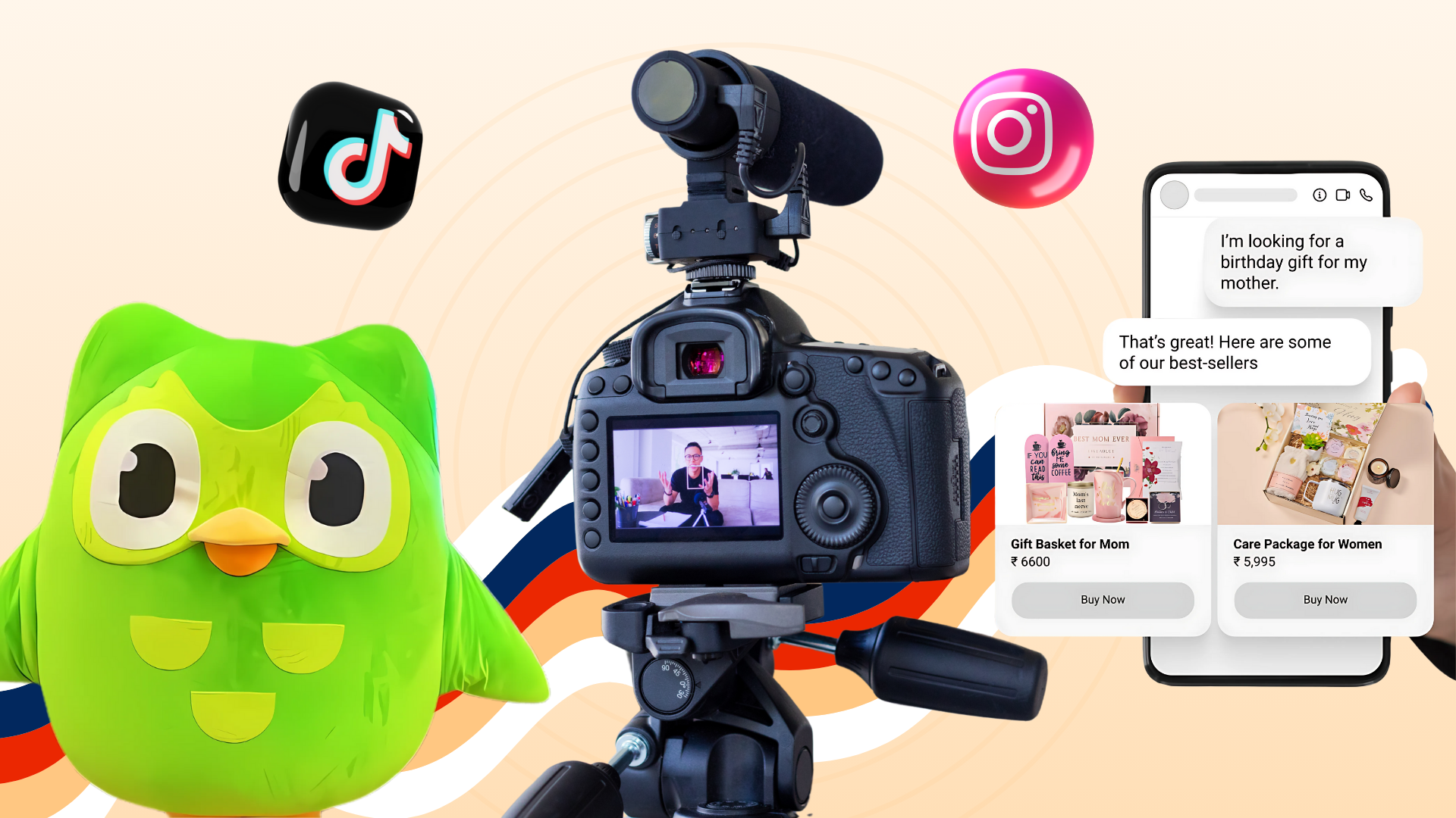 A camera on a tripod filming a man, next to the Duolingo owl, social media icons, and a phone.