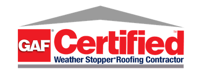 GAF Certified Weather Stopper Roofing Contractor logo with red and white text within a gray roof outline.