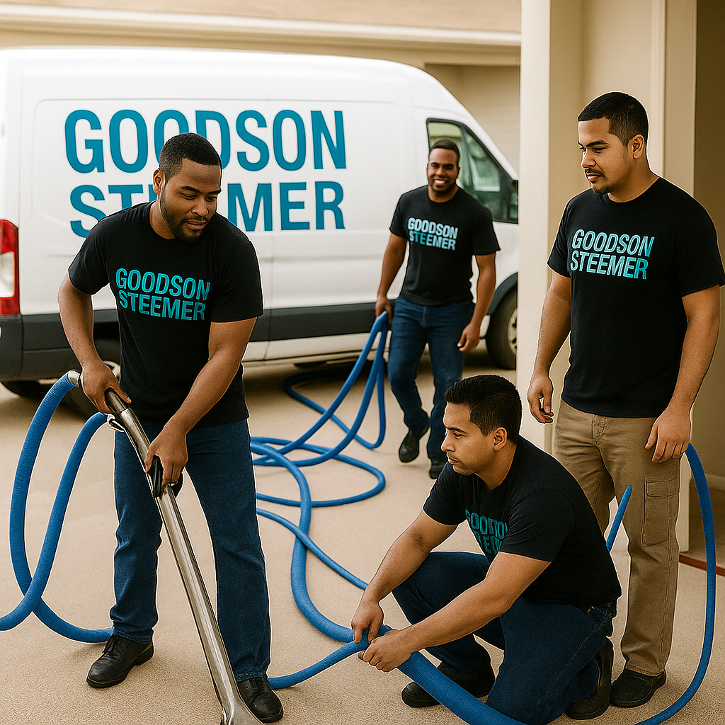 A goodson steamer van is behind a group of men