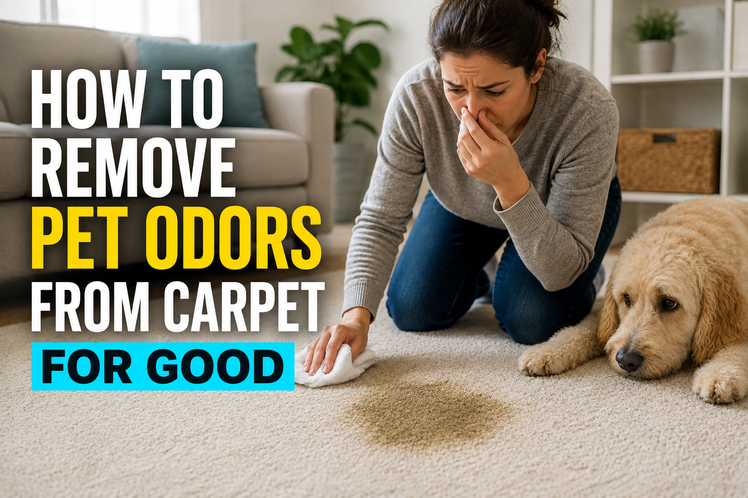 Homeowner removing pet odor from carpet after a dog accident.

Caption (if you use one):