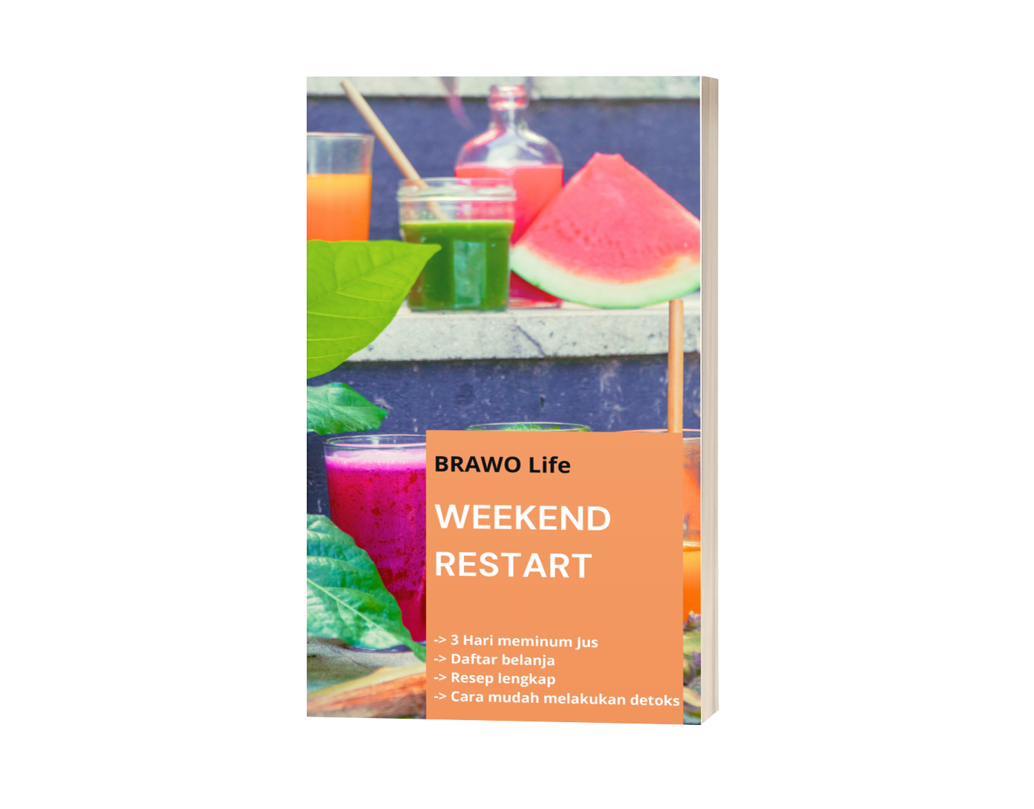 Sampul buku dengan jus warna-warni, semangka, dan teks: 