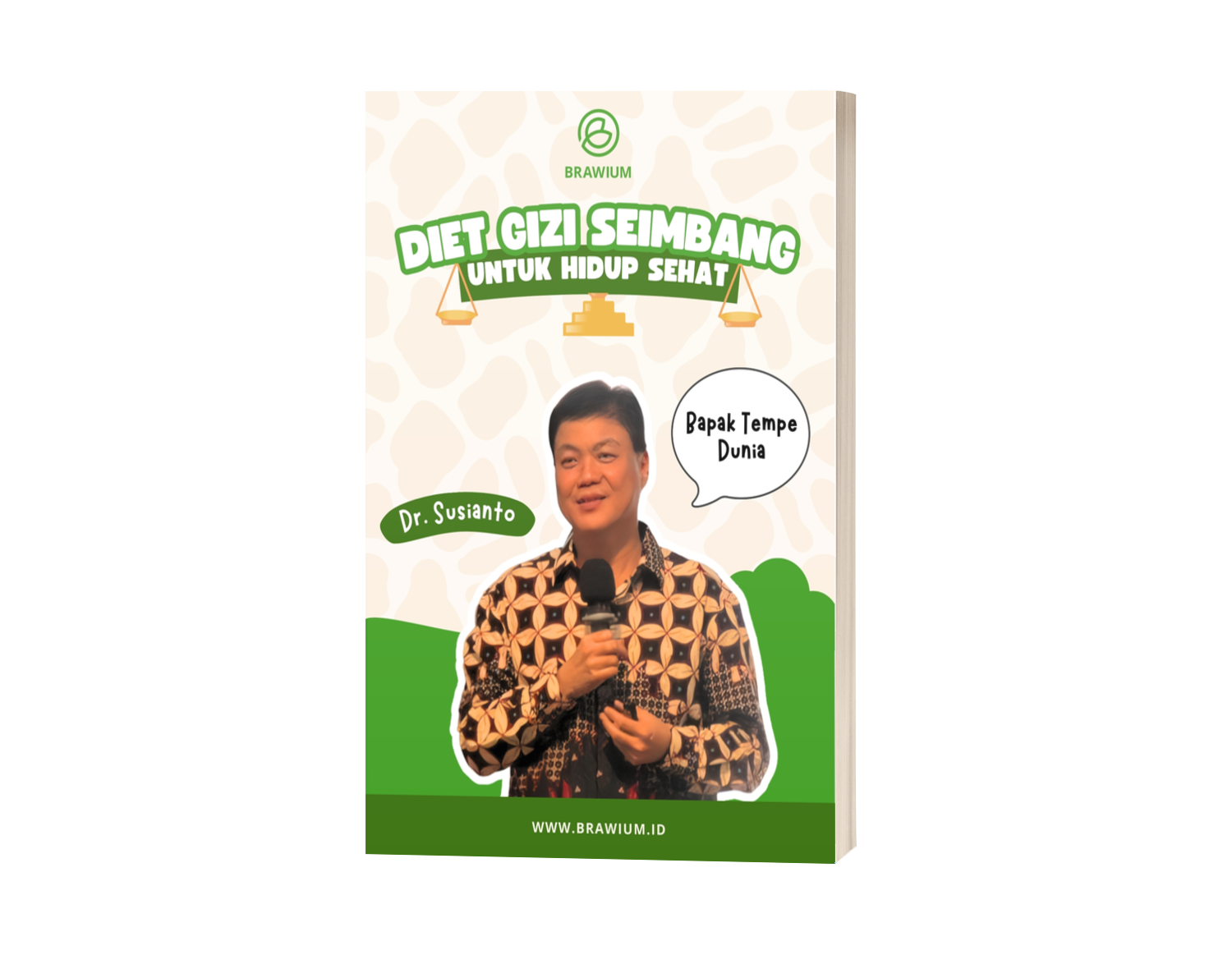 Sampul buku: Diet dan nutrisi seimbang untuk hidup sehat; pria memegang mikrofon.