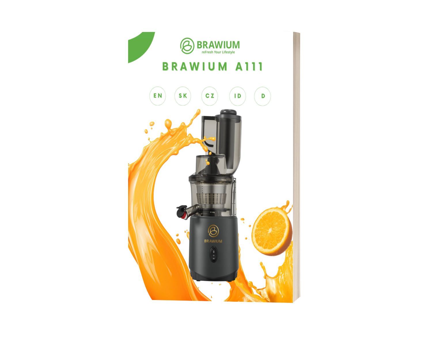Alat pemeras jus Brawium A111 dengan percikan jus jeruk dan buah. Latar belakang putih dengan aksen hijau.