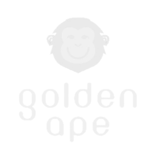 Logo kera emas dengan kepala monyet di atas teks 