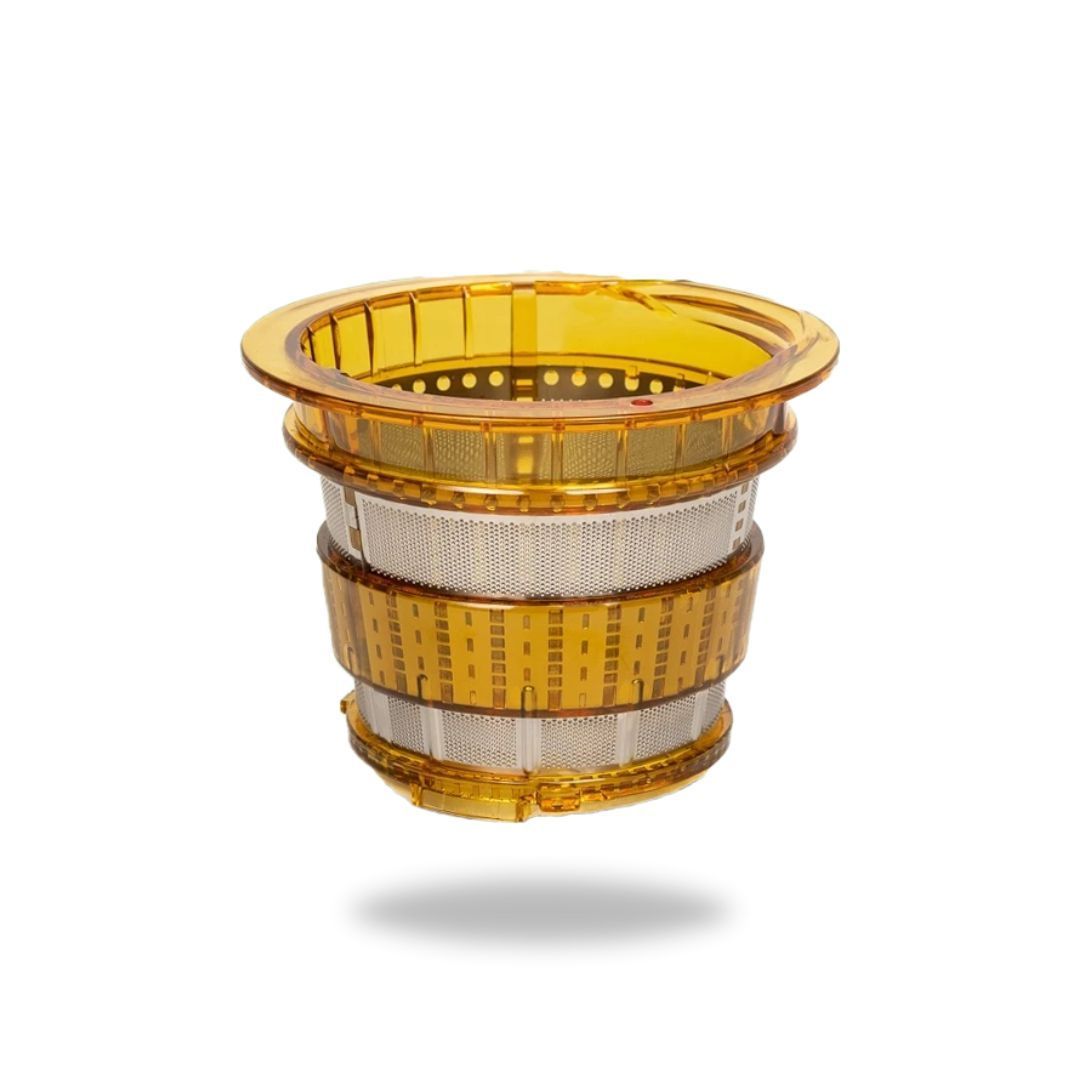 Filter udara silindris berwarna kuning dan perak.