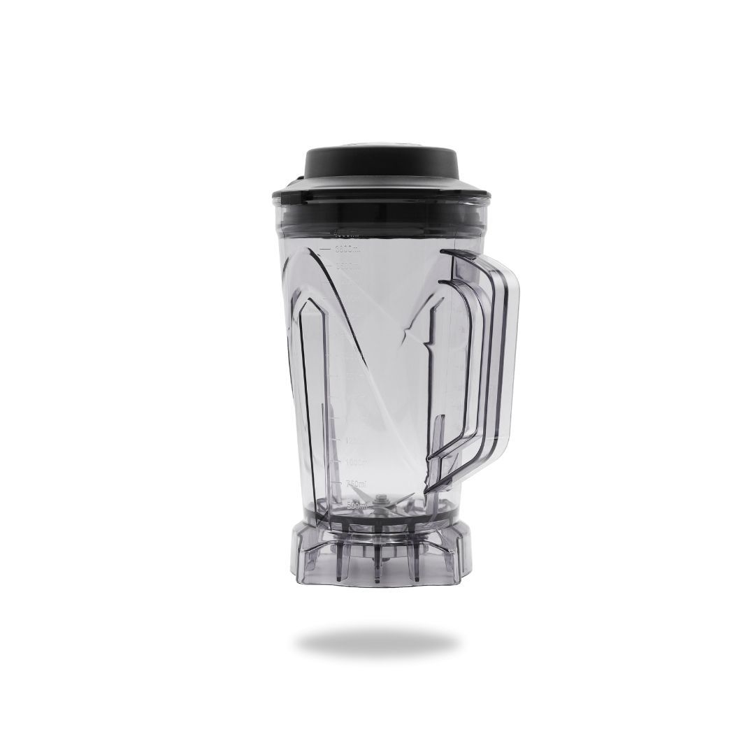 Stoples blender bening dengan tutup dan gagang berwarna hitam.