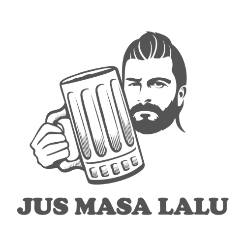 Seorang pria berjanggut memegang gelas bir, dengan teks bertuliskan 