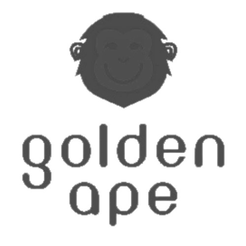 Logo Golden Ape: kepala monyet abu-abu di atas teks 