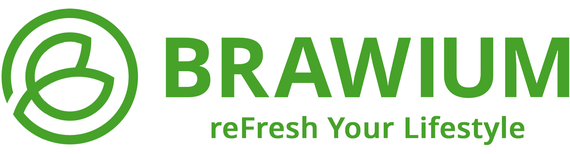 Logo "Brawium" berwarna hijau dengan ikon daun dan tulisan "reFresh Your Lifestyle".