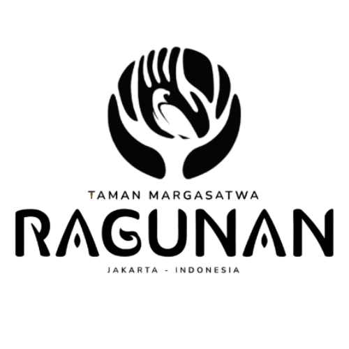 Logo untuk Kebun Binatang Ragunan, Jakarta. Desain lingkaran hitam dengan siluet hewan yang dipeluk tangan, dan nama kebun binatang tersebut.