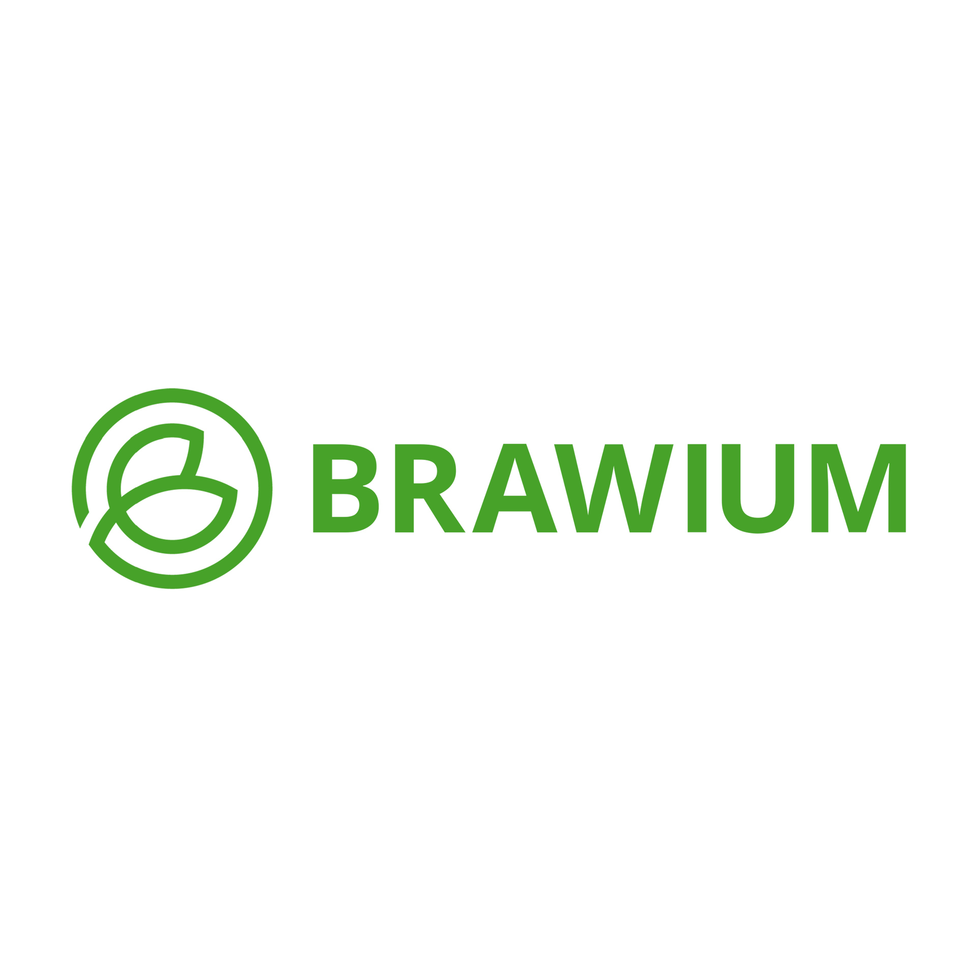 Logo Brawium hijau: ikon melingkar dengan daun, di samping kata 