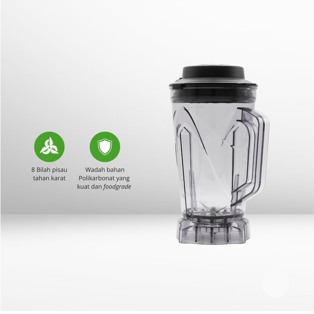 Stoples blender bening dengan tutup hitam dan dua ikon hijau pada latar belakang putih.