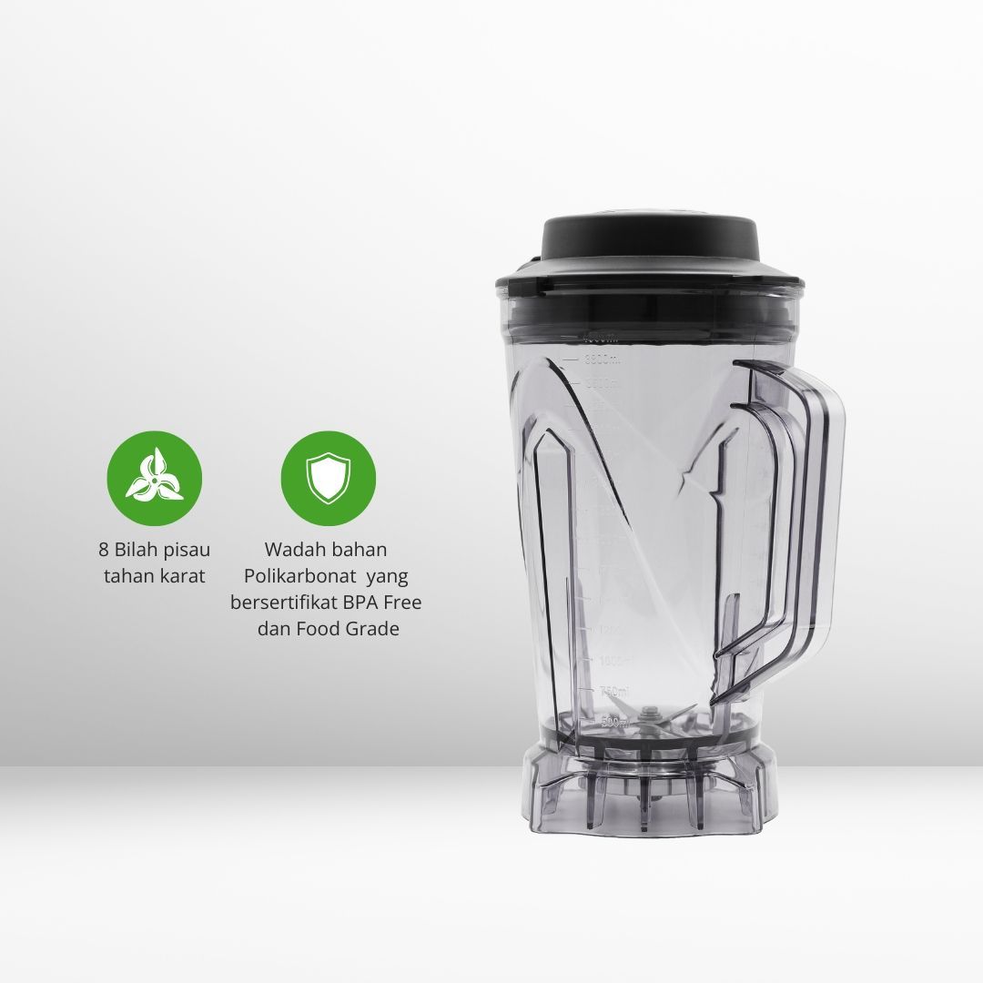 Wadah blender bening dengan tutup hitam dan ikon.
