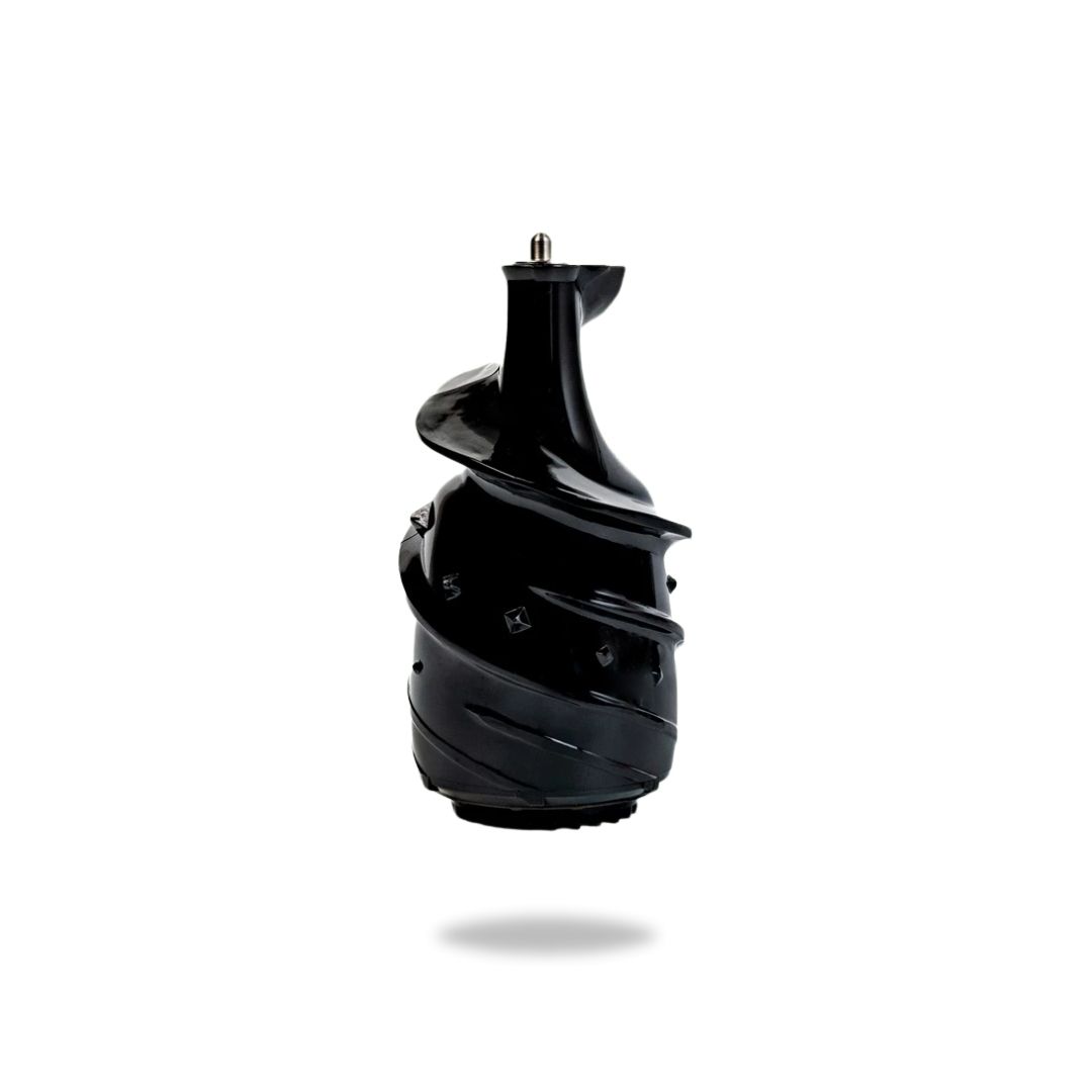 Sekrup pengumpan jus berwarna hitam, dengan desain spiral.