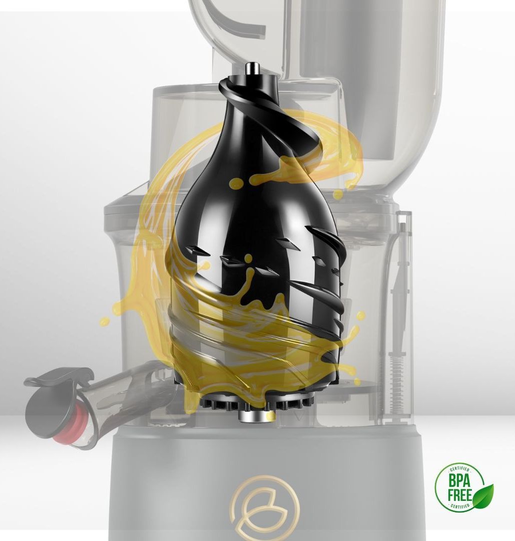 Sekrup pemeras jus berwarna hitam dengan aliran jus, sebagian berada di dalam mesin pemeras jus. Ikon bebas BPA.