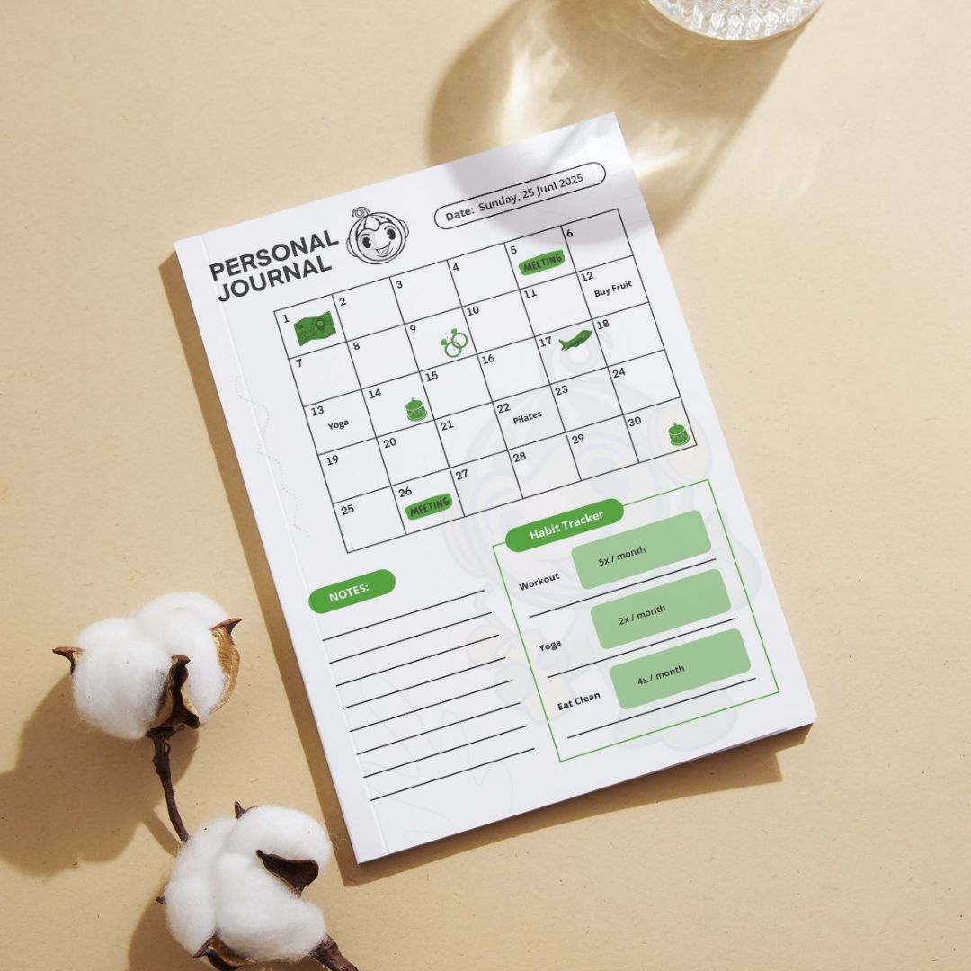 Buku catatan jurnal pribadi dengan kisi-kisi kalender, aksen hijau, tangkai kapas pada permukaan krem.