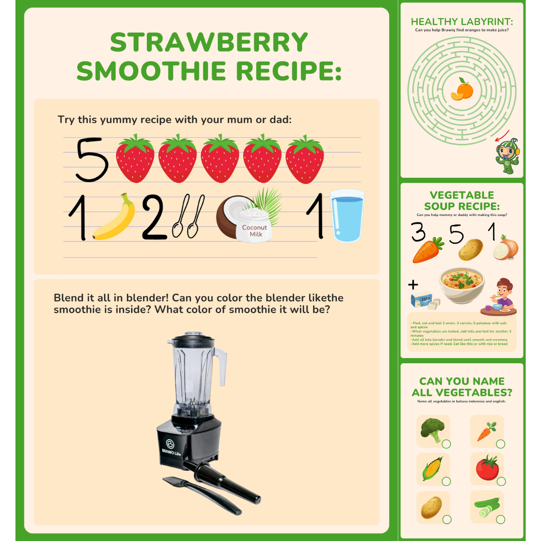 Resep smoothie stroberi dengan bahan-bahan, resep sup sayuran, labirin kebiasaan sehat, dan identifikasi sayuran.