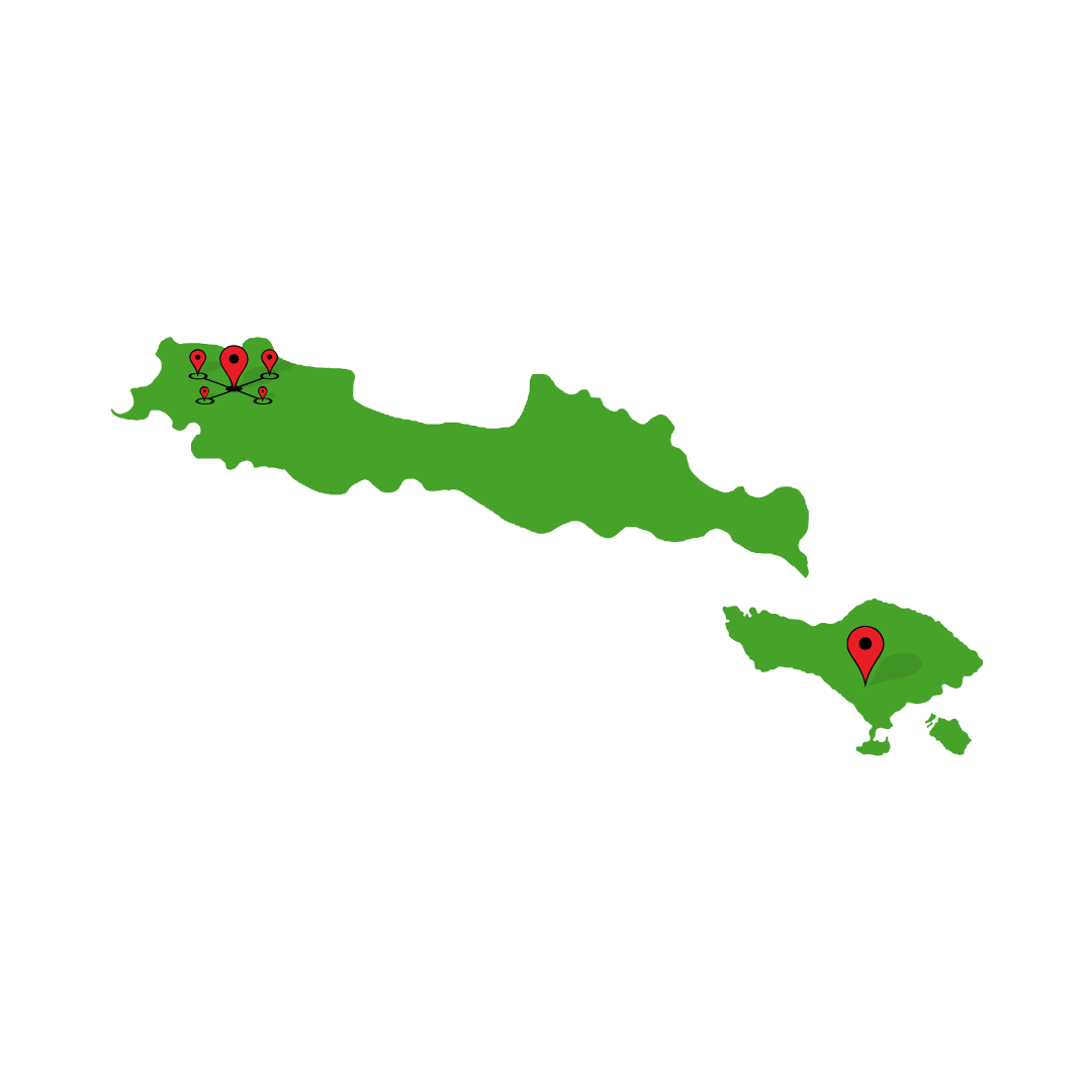 Peta pulau Jawa dan Bali, berwarna hijau dengan penanda lokasi berwarna merah.