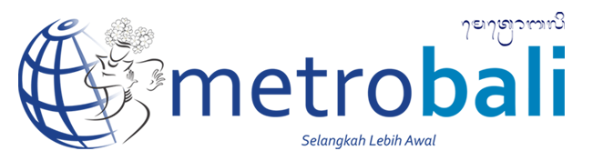 Logo Metrobali, dengan globe dan figur, teks biru di atas latar putih, dan tagline di bagian bawah.