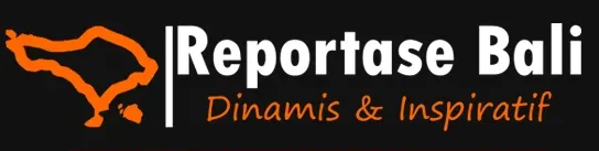 Logo of Reportase Bali with an orange outline of Bali's map, and text 