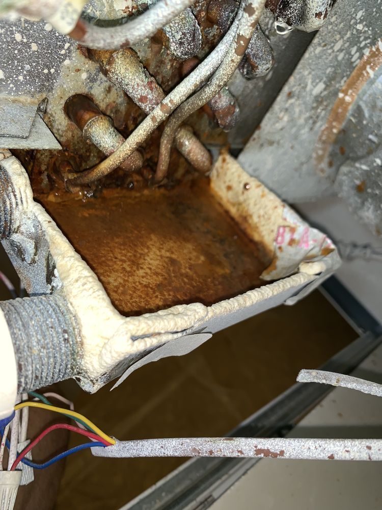 Close-up of a dirty, rusted HVAC condensate drain pan filled with murky, brown stagnant water and debris.