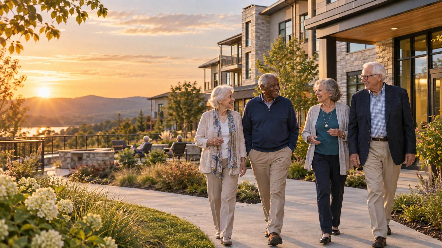 Four senior adults walking outside a modern senior living community at sunset, illustrating active aging and community.