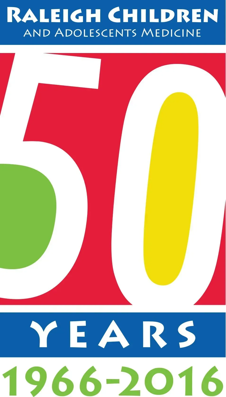 Raleigh Children and Adolescents Medicine 50 years anniversary logo, 1966–2016, red, green, blue, and yellow text