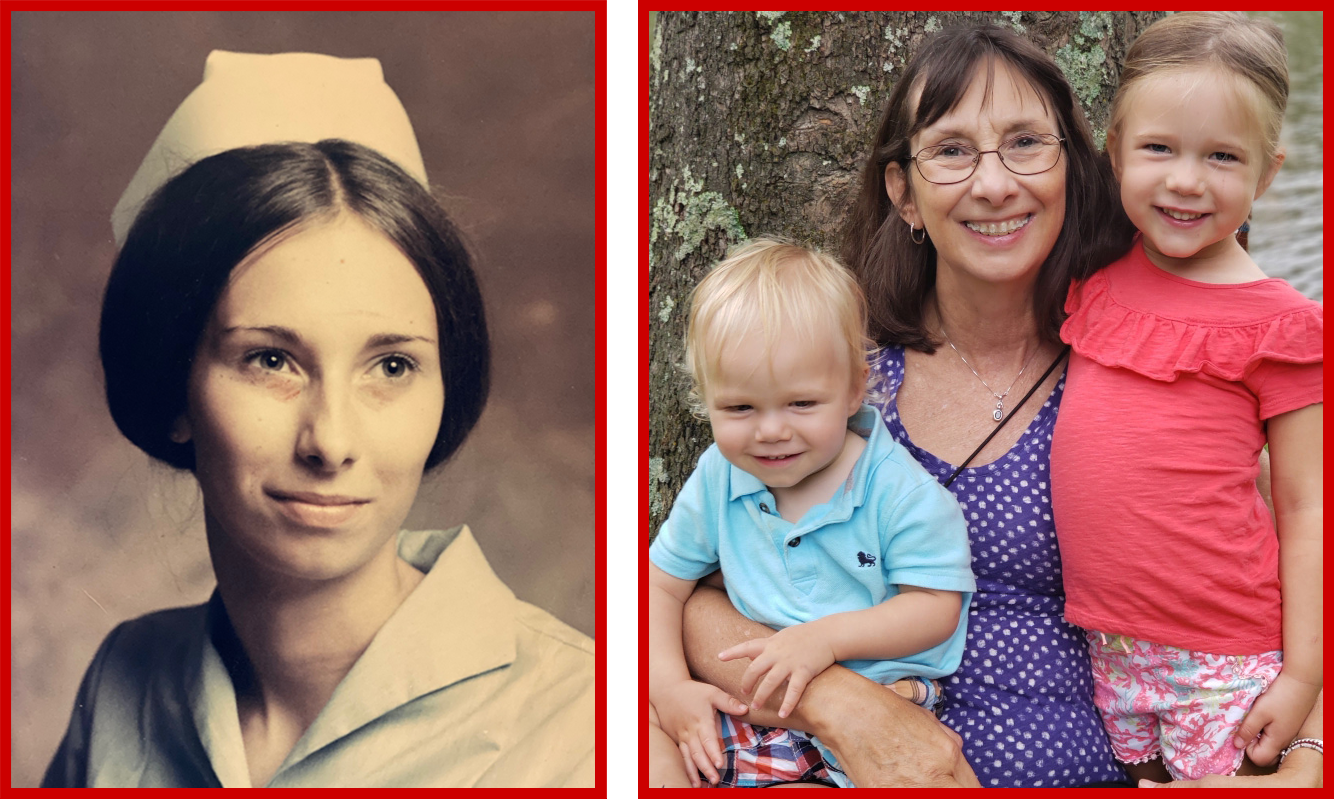 A split image shows a young woman in a nurse's uniform and a smiling older woman with two young children.
