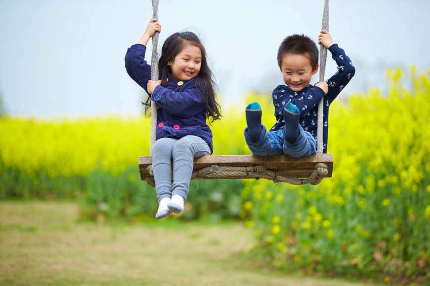 Two children smiling on a wooden swing in a green field with yellow flowers