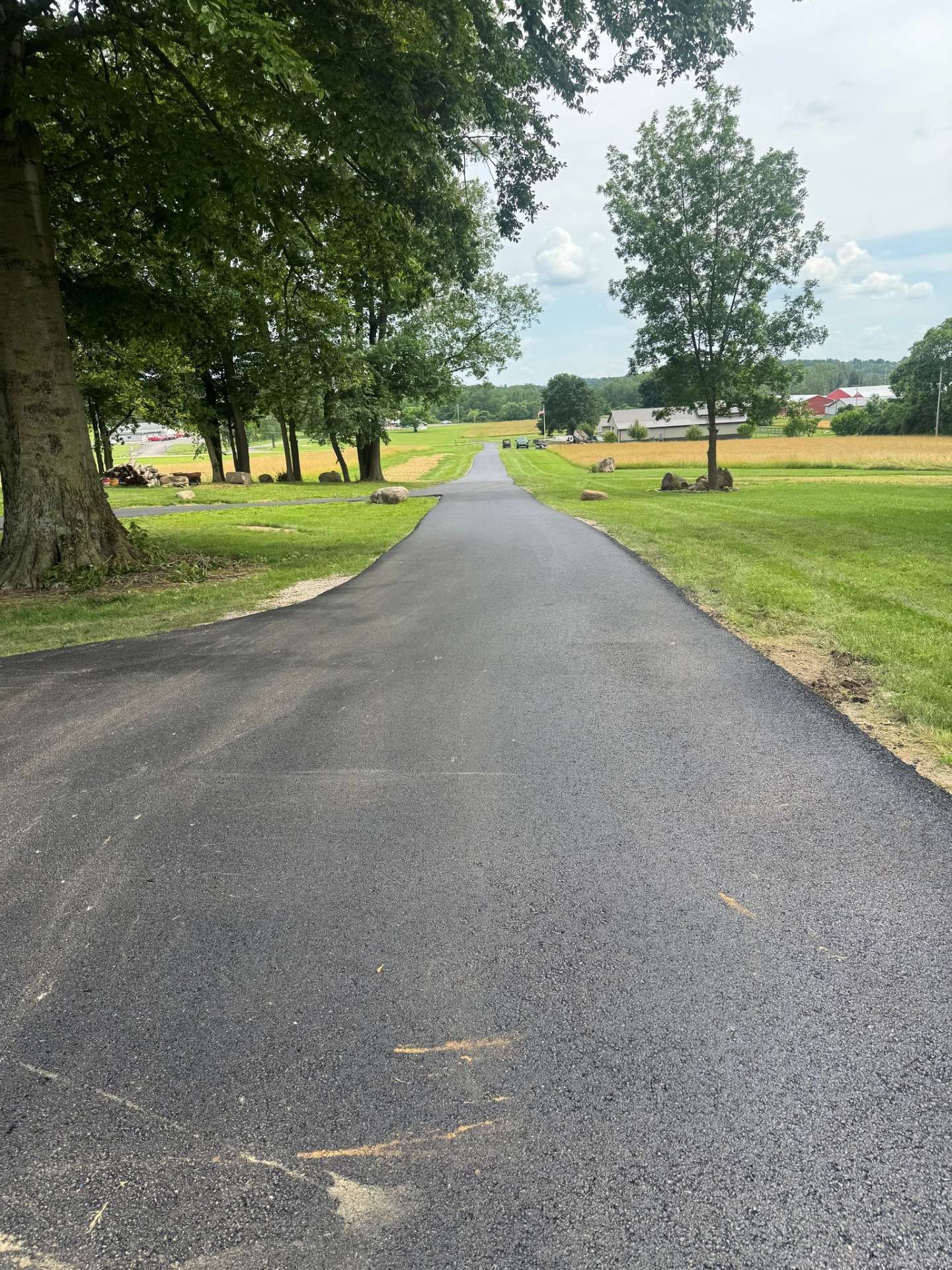 Paved path through a green park with trees and open fields under a cloudy sky