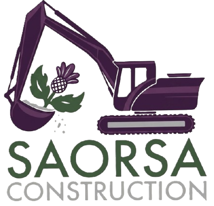 SAORSA Construction logo with purple excavator and green floral emblem above company name