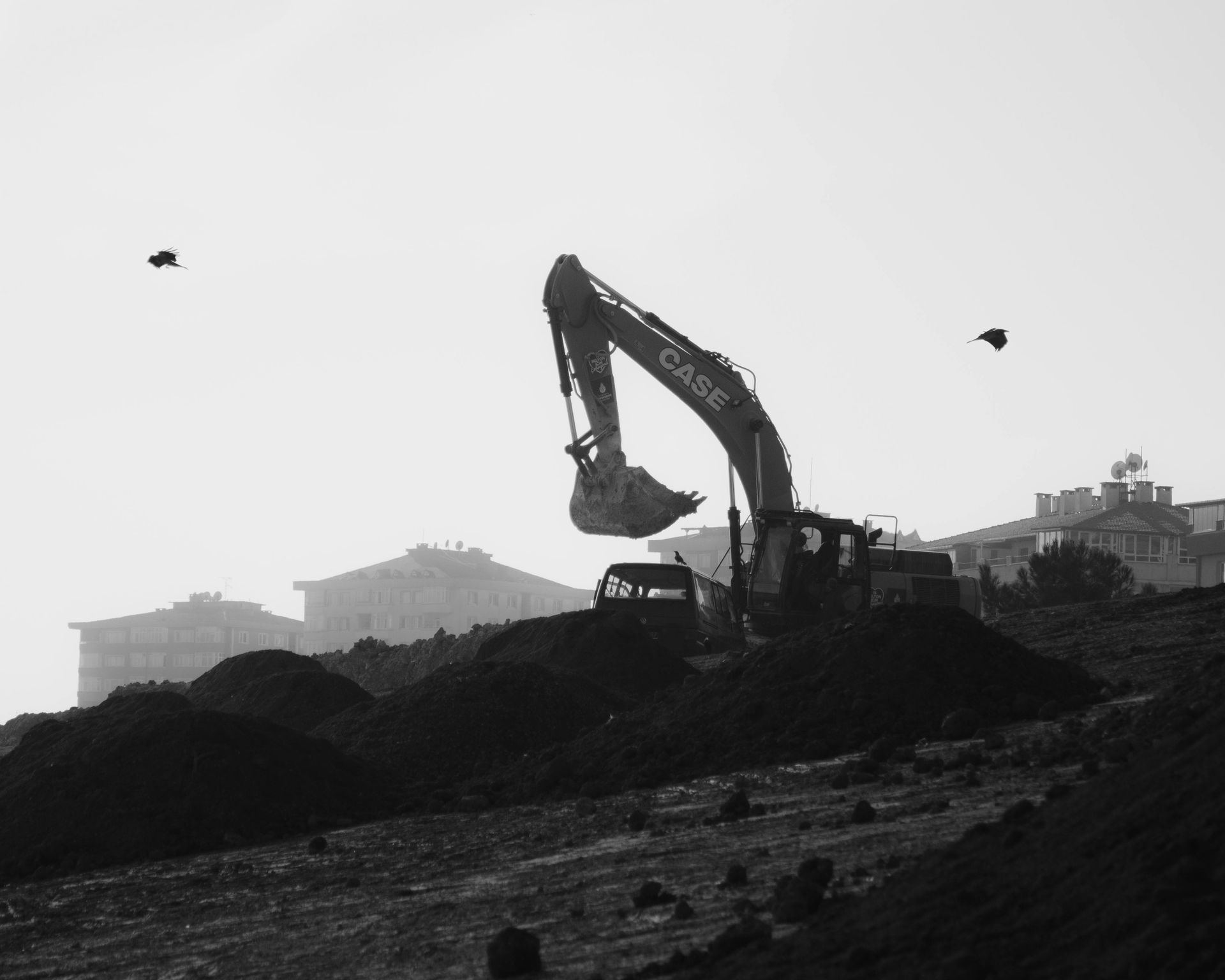 Silhouette of an excavator atop a dirt mound at a construction site, with birds flying overhead and buildings in the haze
