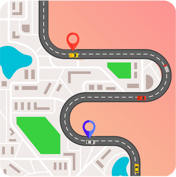 A map of a city with a curved road going through it.