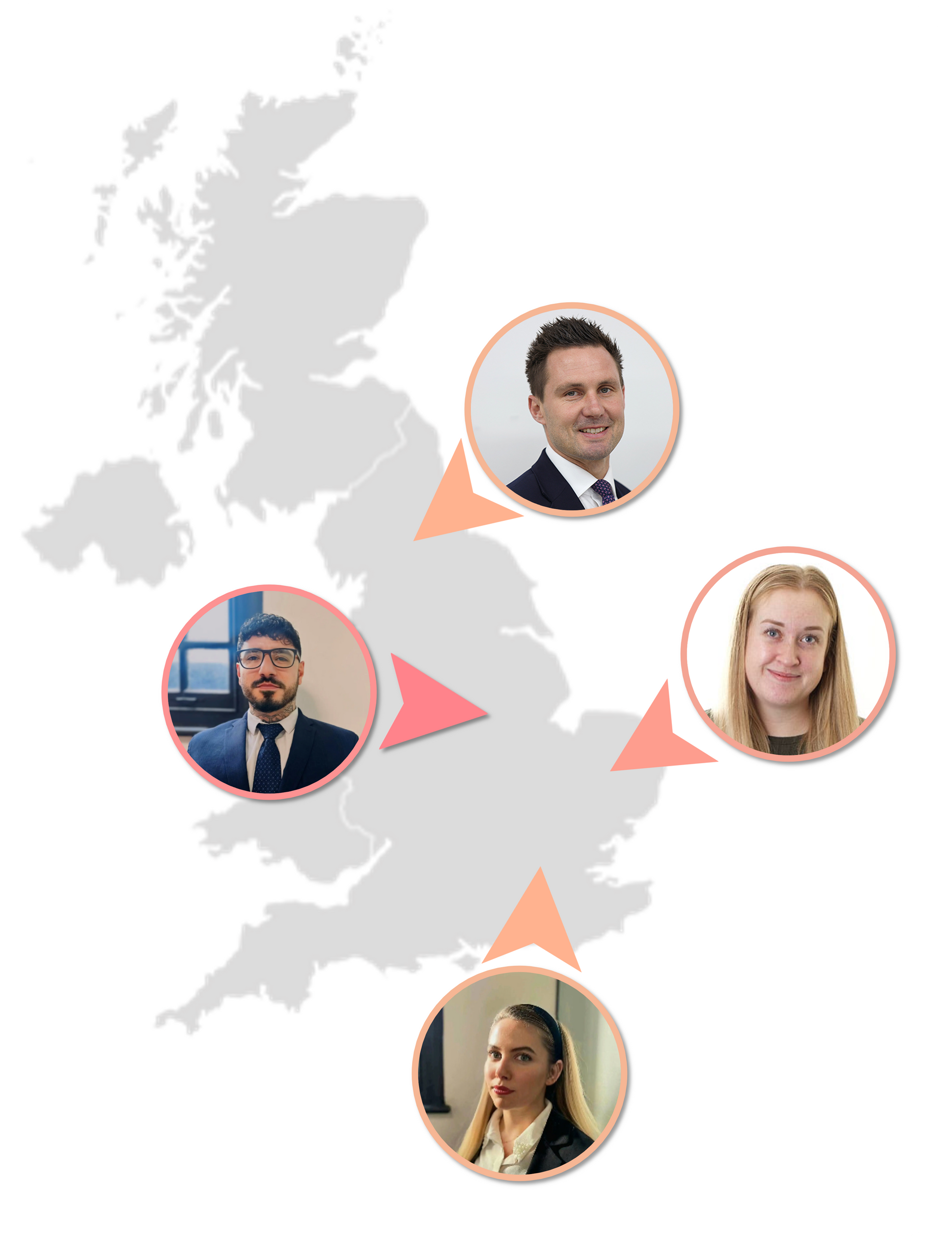 A map of the united kingdom with four people in circles.